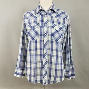 Vintage Youngbloods Shirt Mens Medium Blue Plaid Western Pearl Snap Long Sleeve